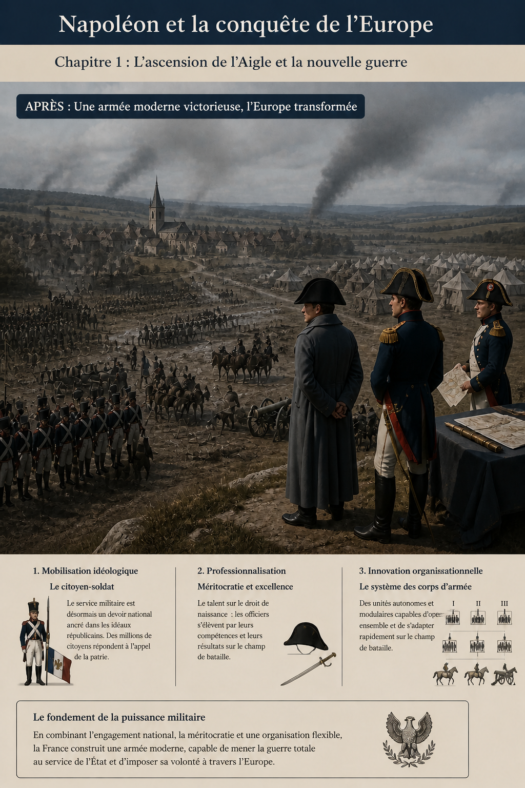 After course poster for Napoleon showing a smoky transformed battlefield after the campaign